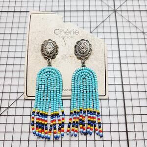 Earrings Pierced Dangle Cherie NY Fringe Turquoise Seed Bead Western NWT Carded